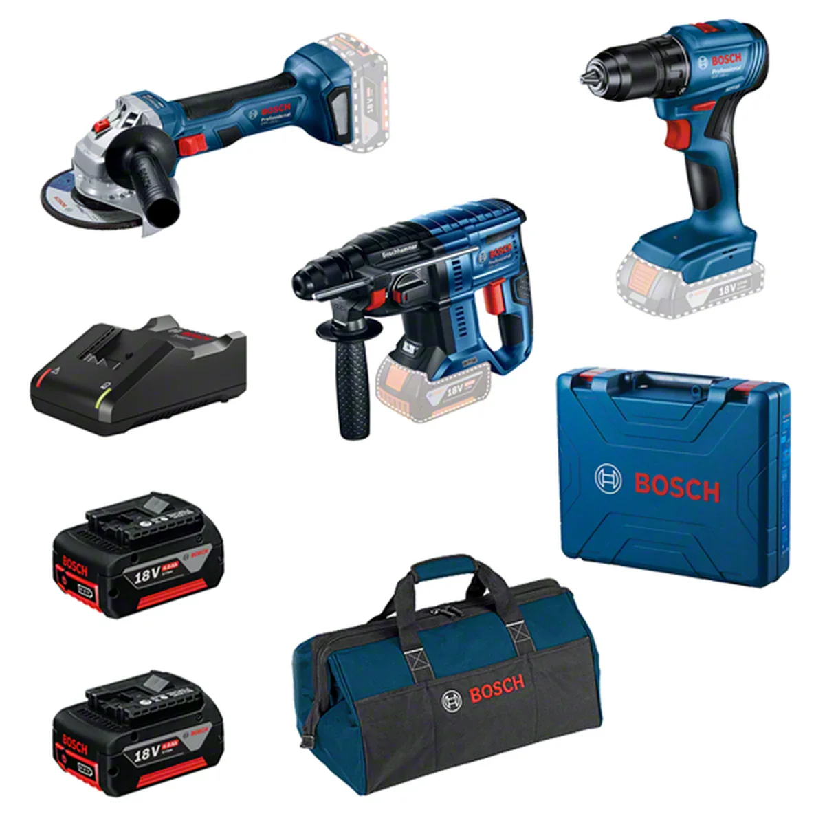Combo Kit: Cordless combi GSR 185-LI + cordless angle grinder GWS 180-LI + cordless rotary hammer GBH 180-LI + 2 x 4.0 Ah batteries in bag Professional — 4
