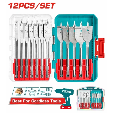 TACSDL1206 12 Pcs Flat Wood Drill Bits Set