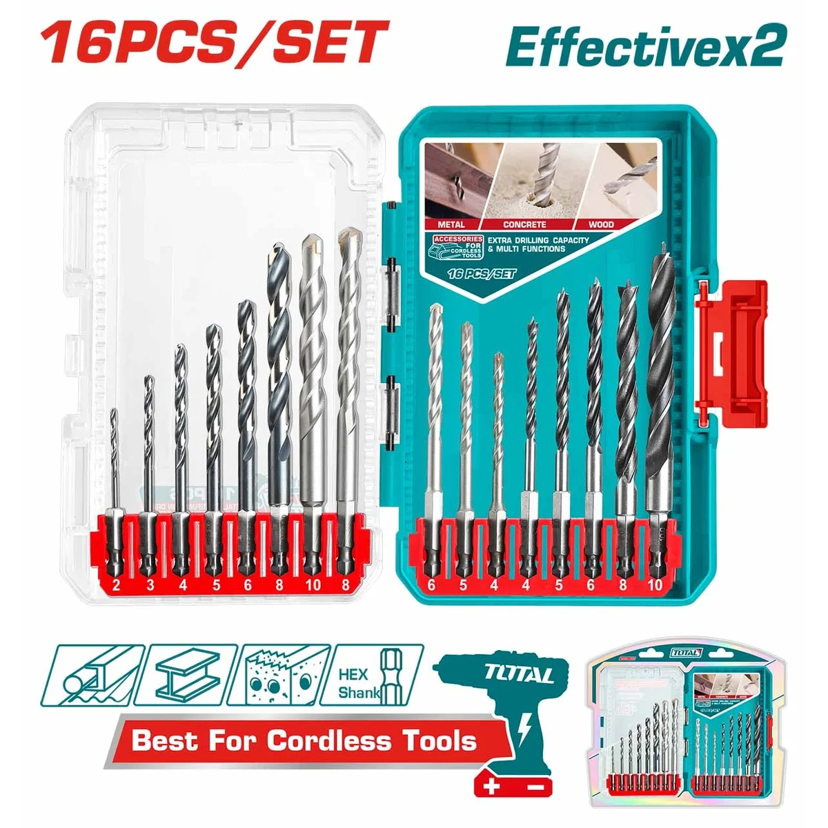 TACSDL11608 16 Pcs Metal, Masonry & Wood Drill Bits Set