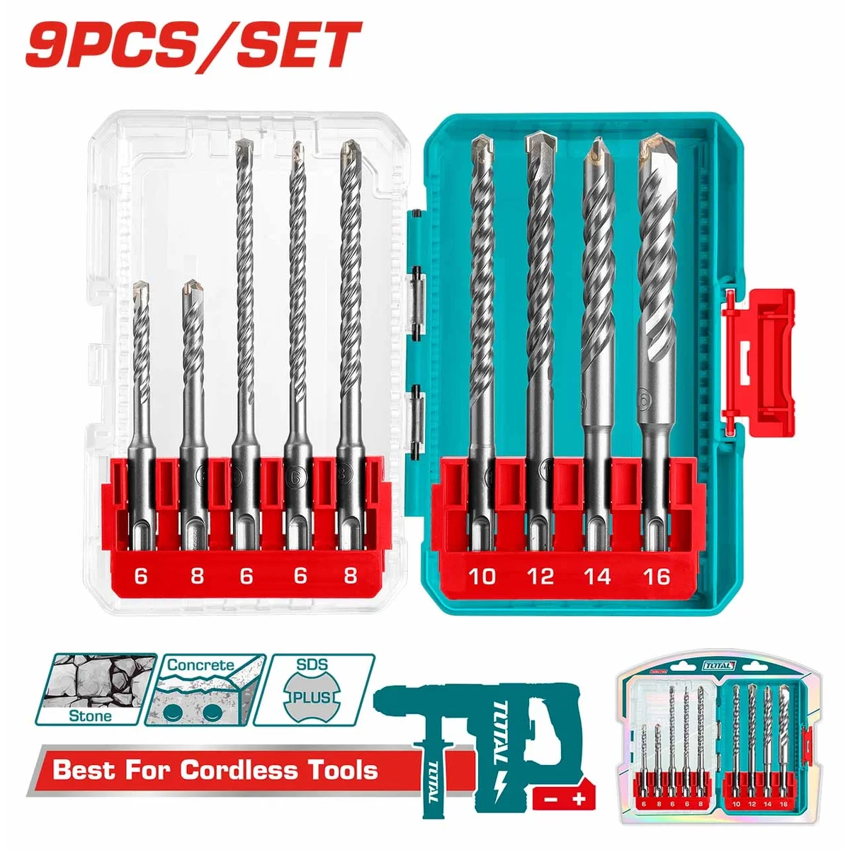 TACSDL30906 9 Pcs SDS Plus Hammer Drill Bits Set