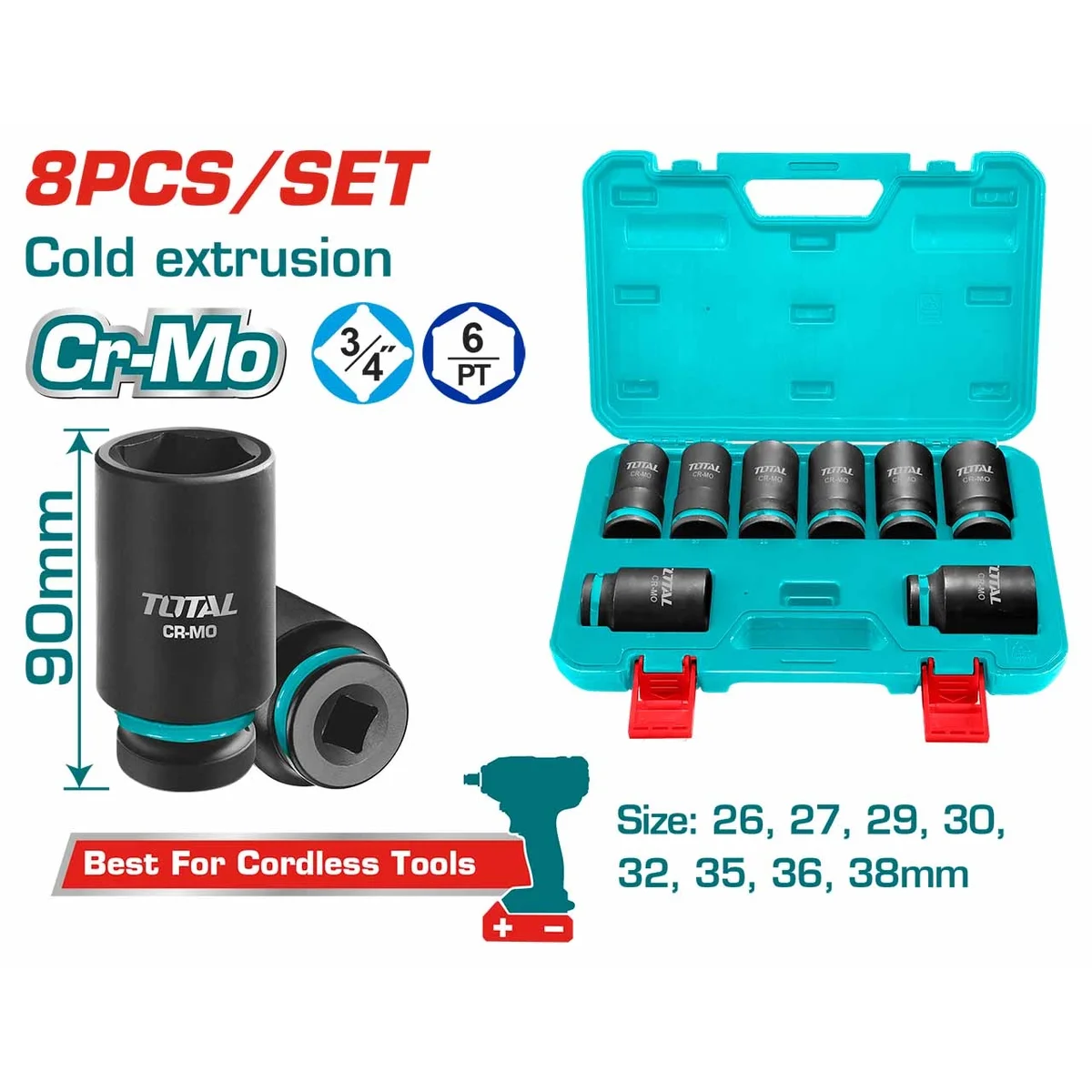 THKISD34082L 8 Pcs 3/4″ Dr. Deep Impact Socket Set